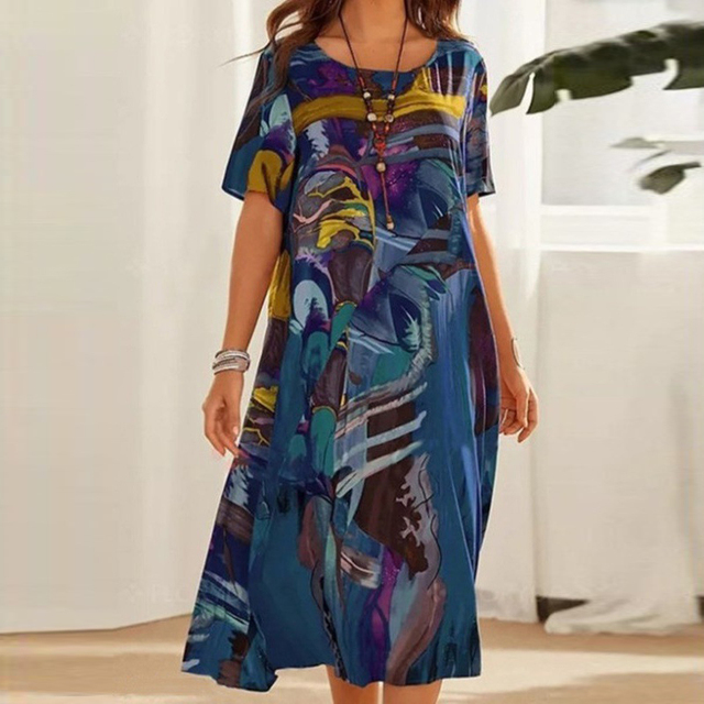 Emmanuelle | Women's Short Sleeve Midi Dress with Mid-Calf Length