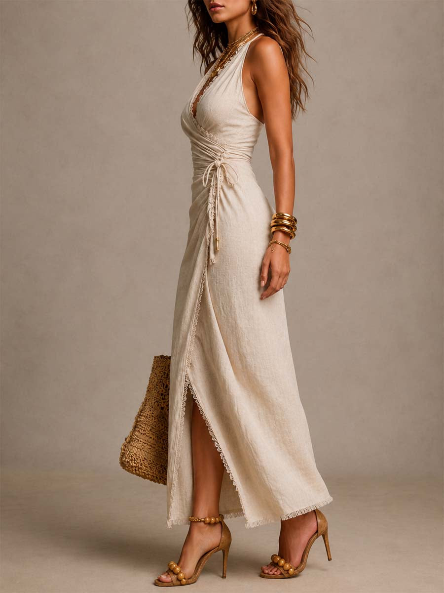 Madison | Beige faux-linen wrap maxi dress