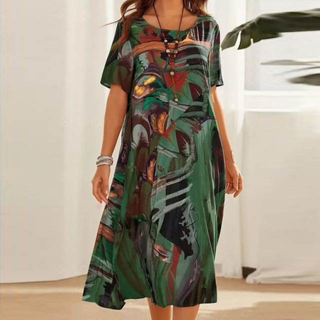Emmanuelle | Women's Short Sleeve Midi Dress with Mid-Calf Length