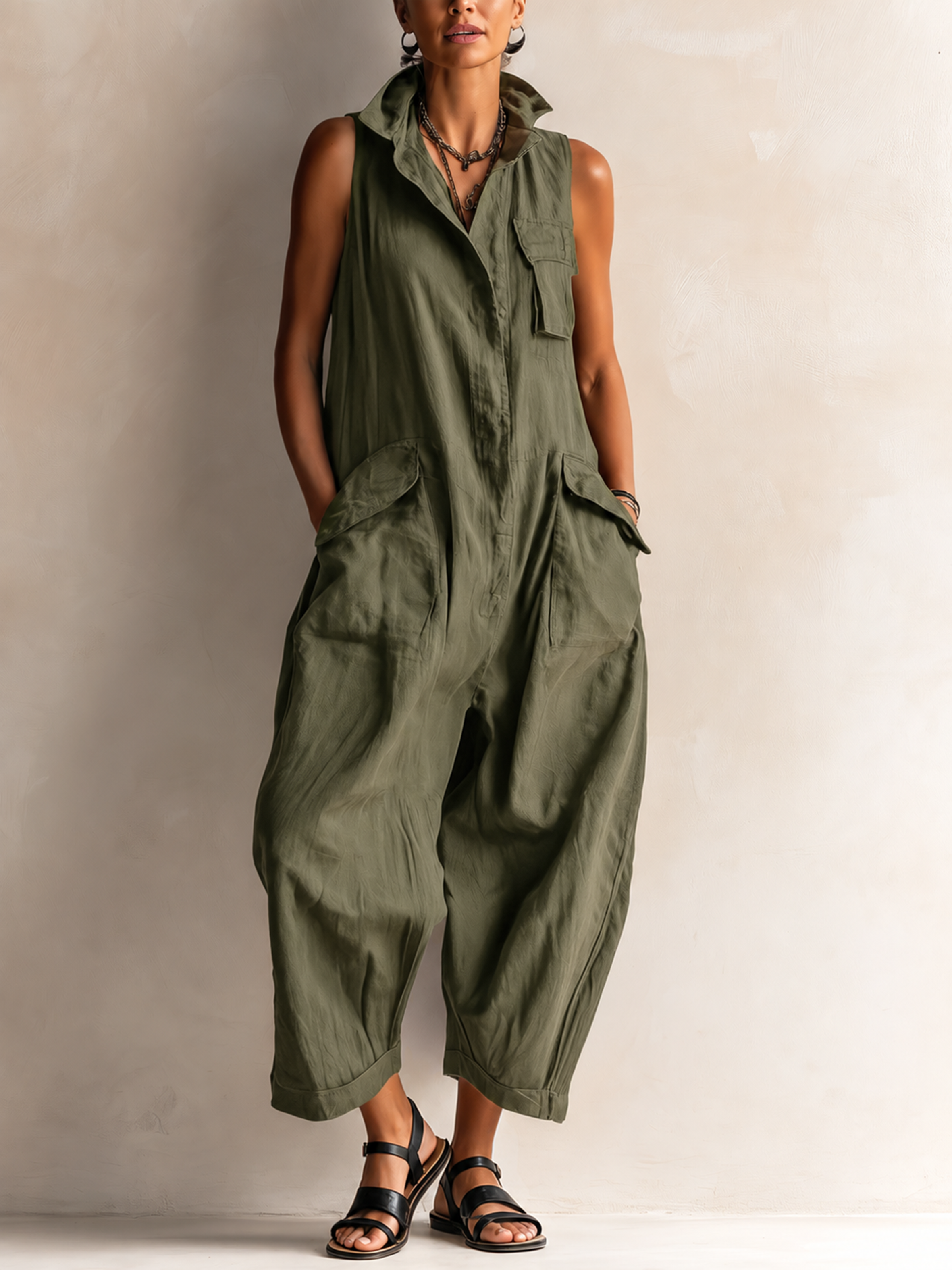 Olaya | Black Sleeveless Utility Wide-Leg Jumpsuit