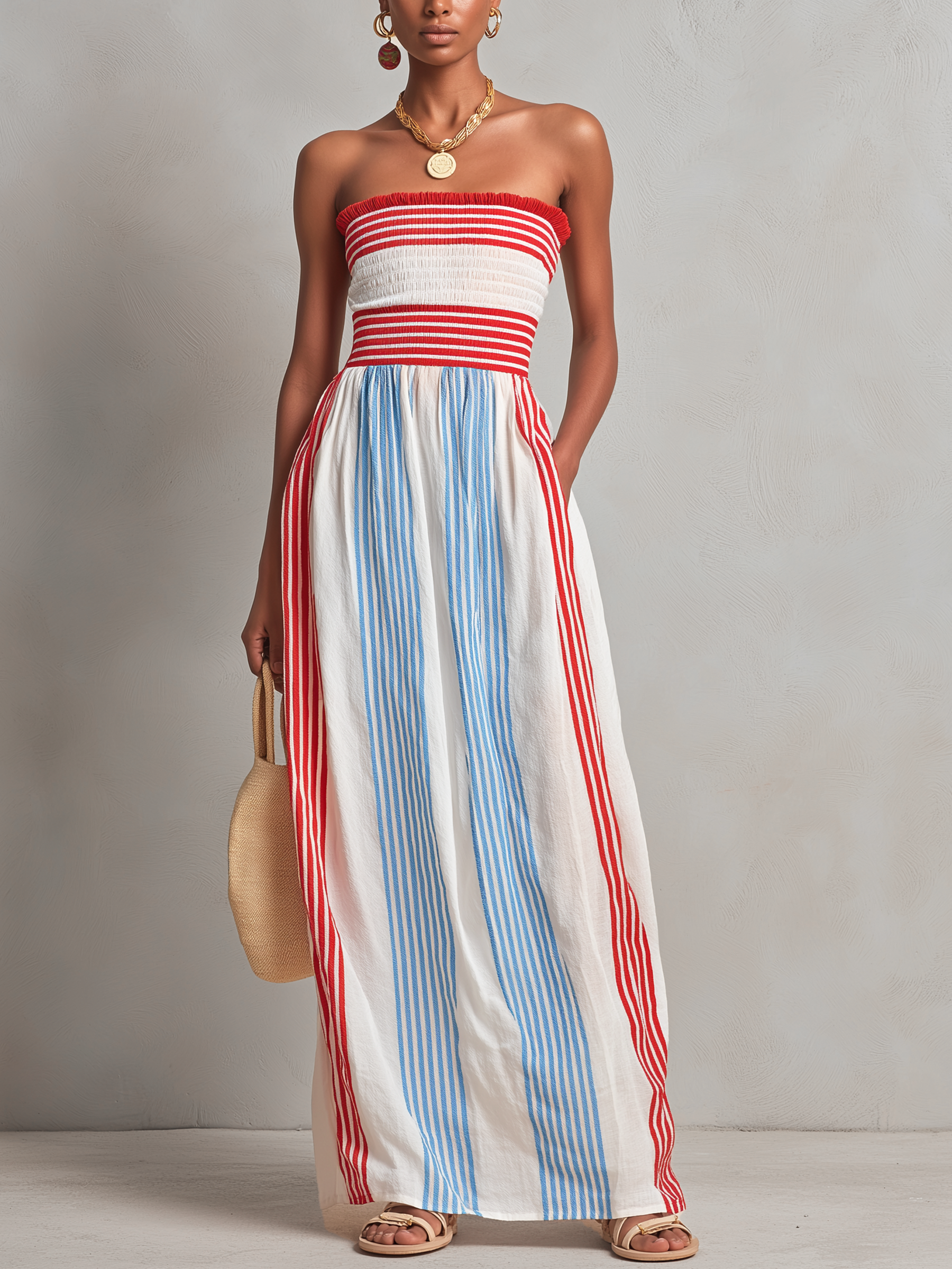Colorful | Striped Smocked Strapless Maxi Dress