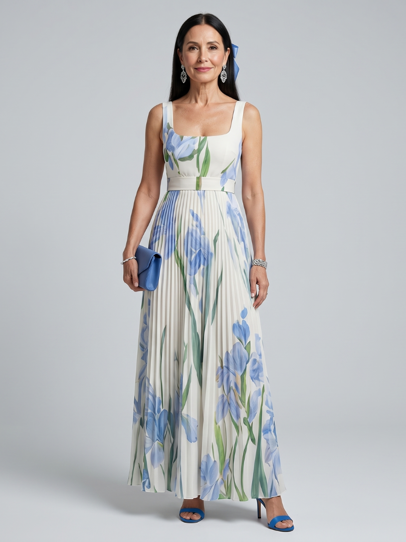 Ophelia | Floral Print Sleeveless Midi Dress with Square Neckline