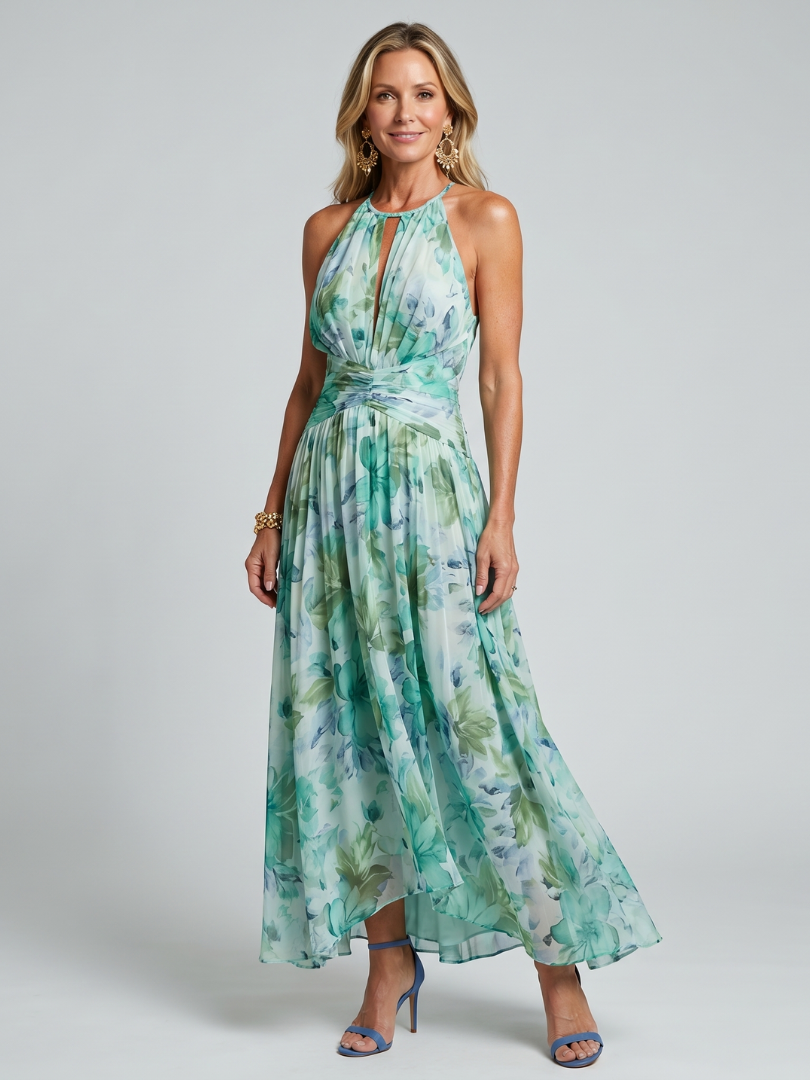 Portia | Pleated Midi Halter Dress with Delicate Floral Print