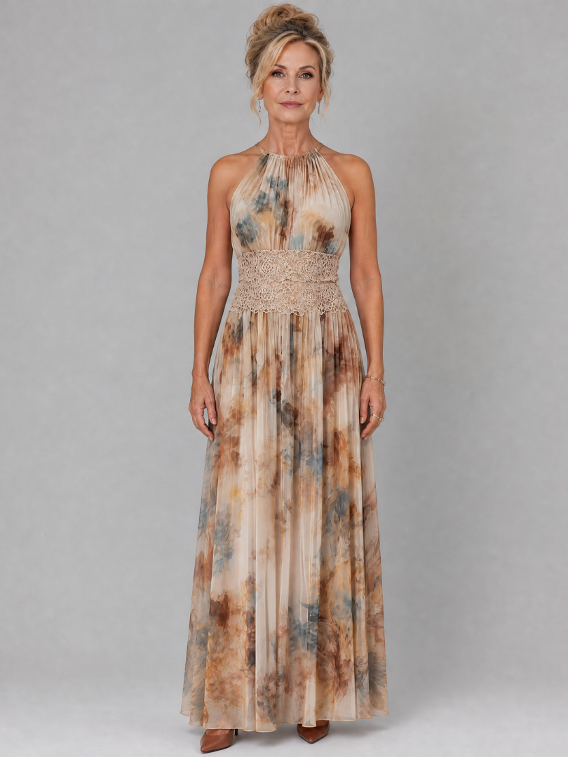Elavenue | Halter Neck Maxi Dress with Lace Waist Detail