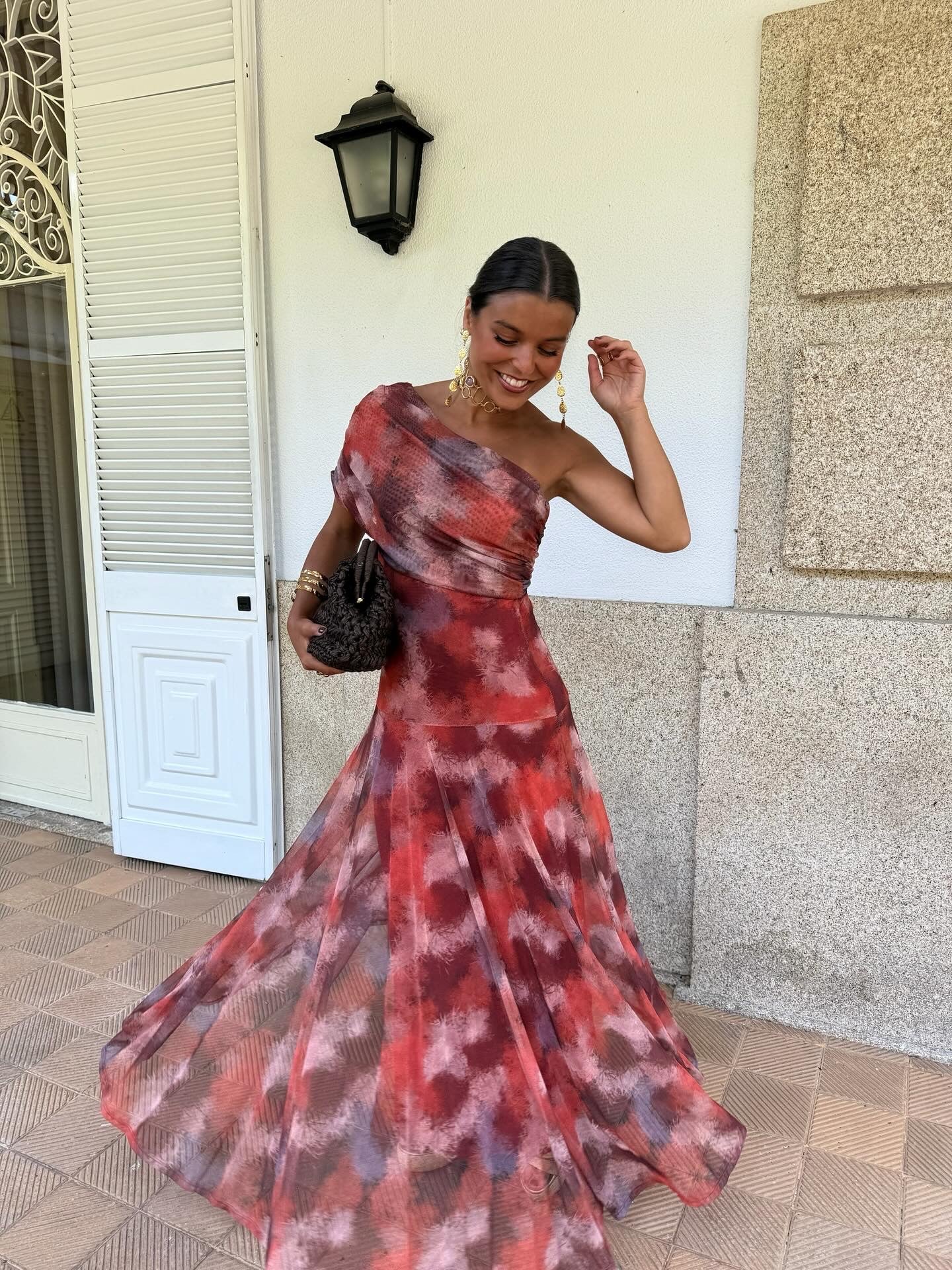 Watercolor Long Dress with Dropped Shoulders