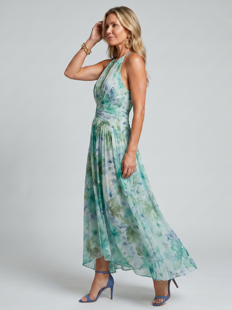 Portia | Pleated Midi Halter Dress with Delicate Floral Print
