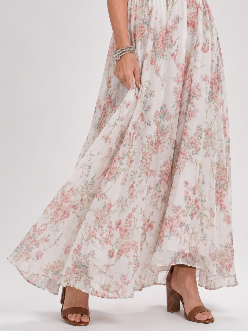 Guinevere | Floral Print Midi Dress with Flowing Skirt