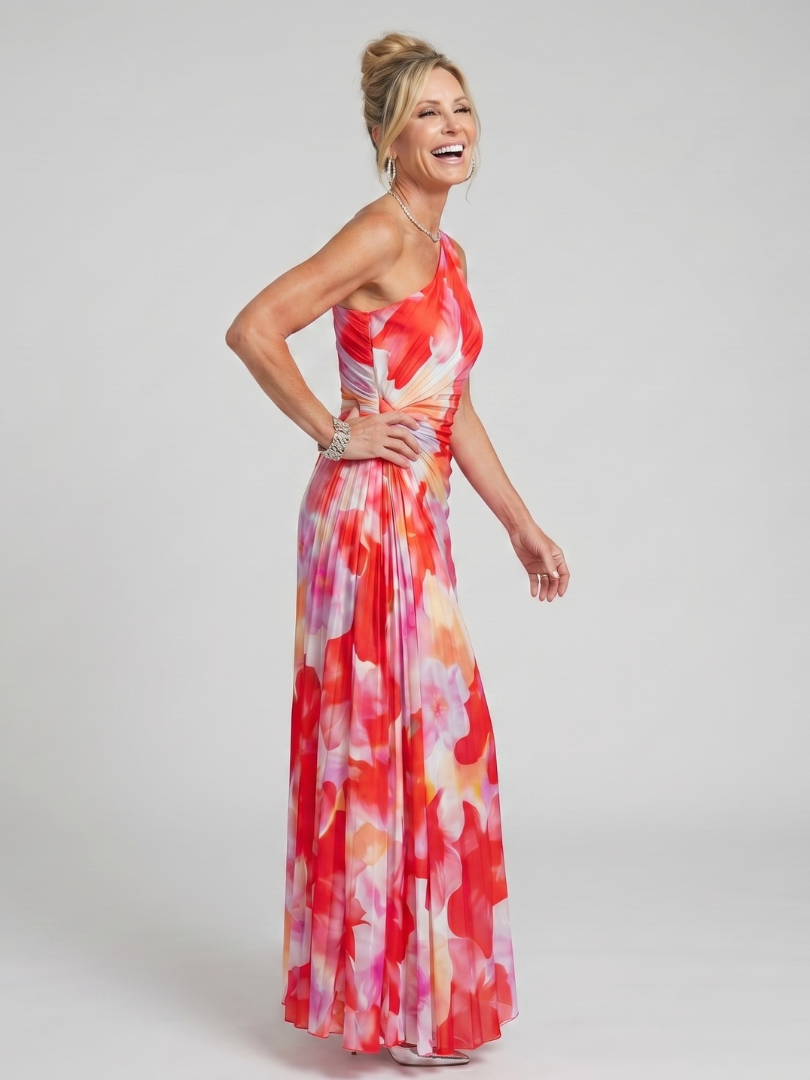 Taya | Midi Dress with One Shoulder Pleated Bodice