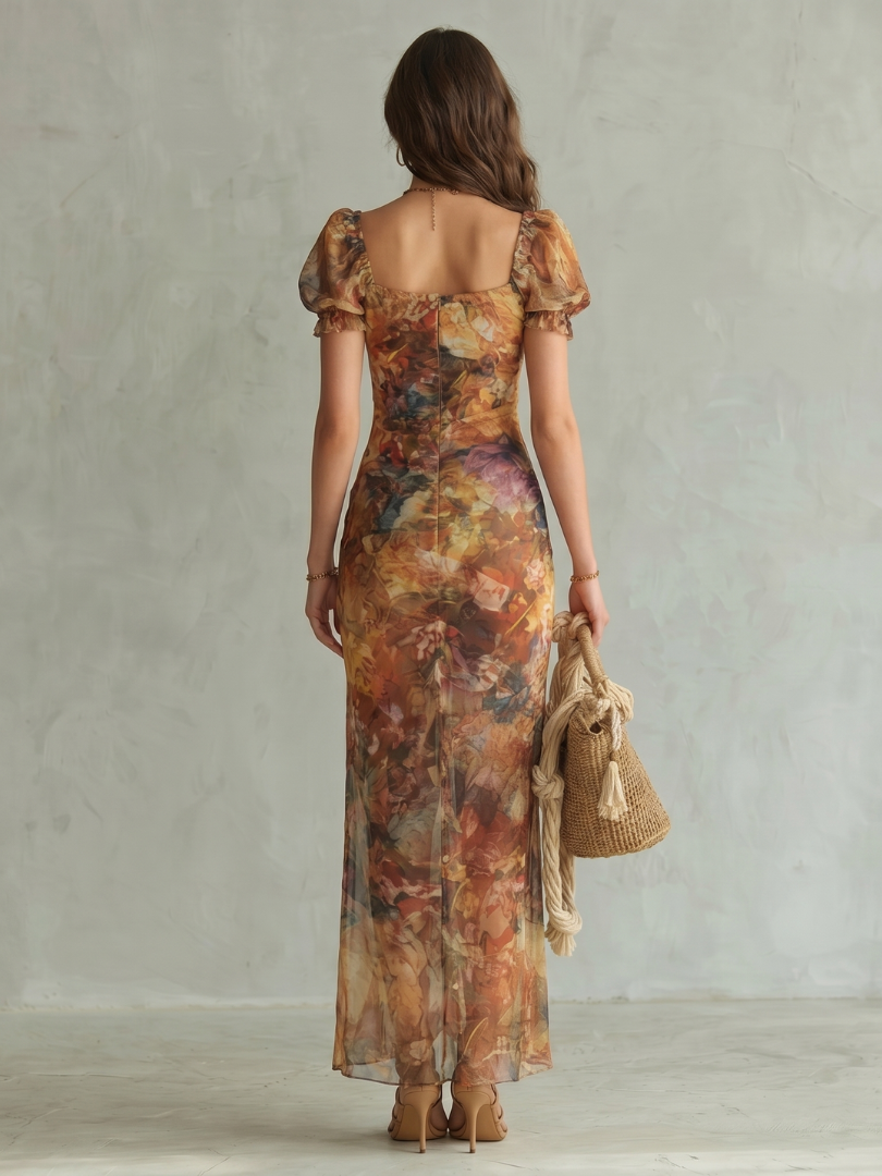 Sky Midi Dress with Ruffled Sleeves and Side Slit
