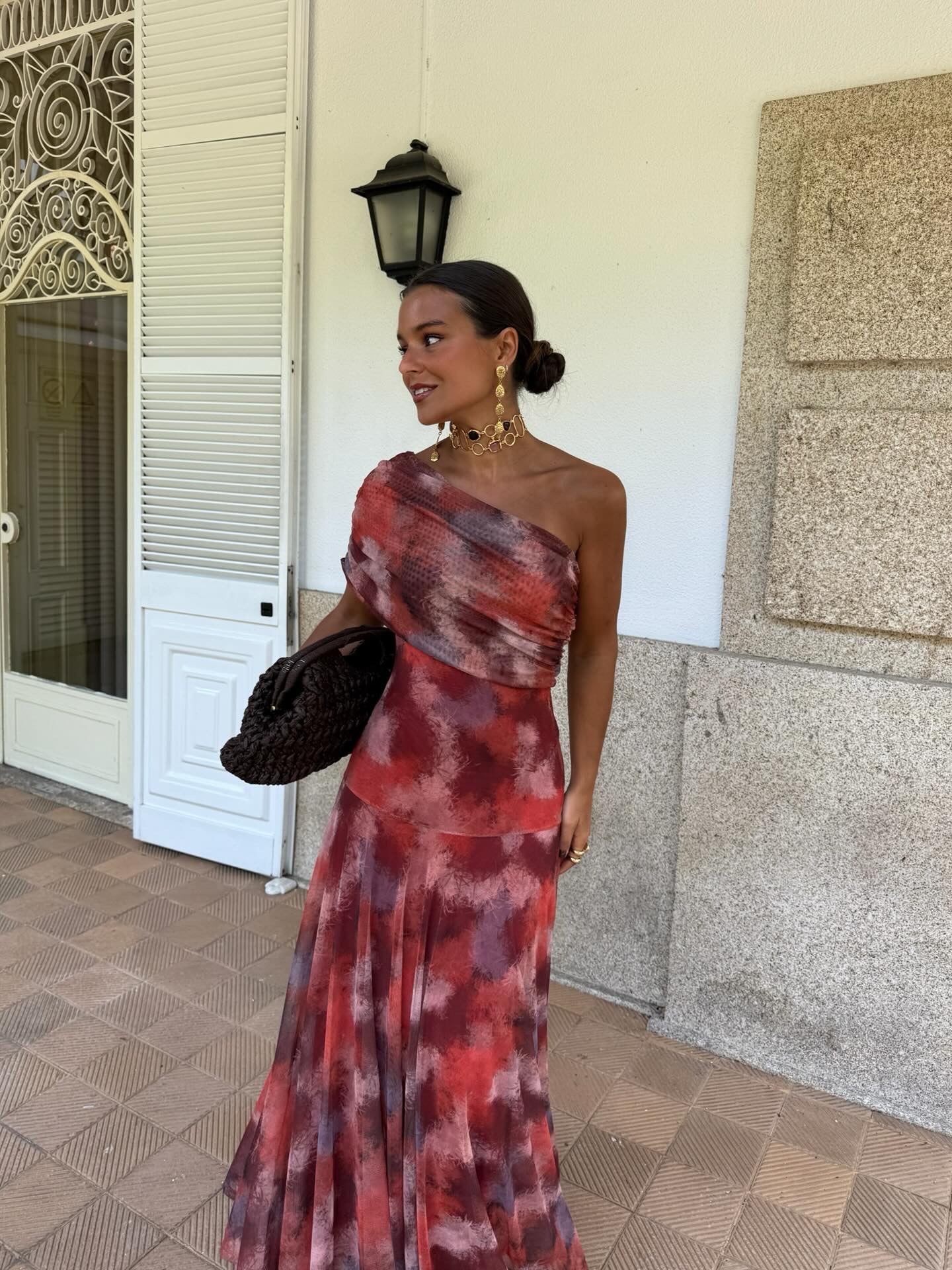 Watercolor Long Dress with Dropped Shoulders