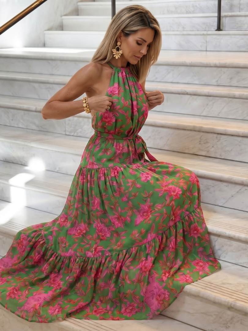 Rowen | Halter Neck Midi Dress with Draped Design