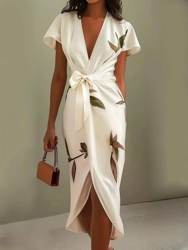 Emma | White Leaf Short Sleeve Satin Wrap Sheath Midi Dress