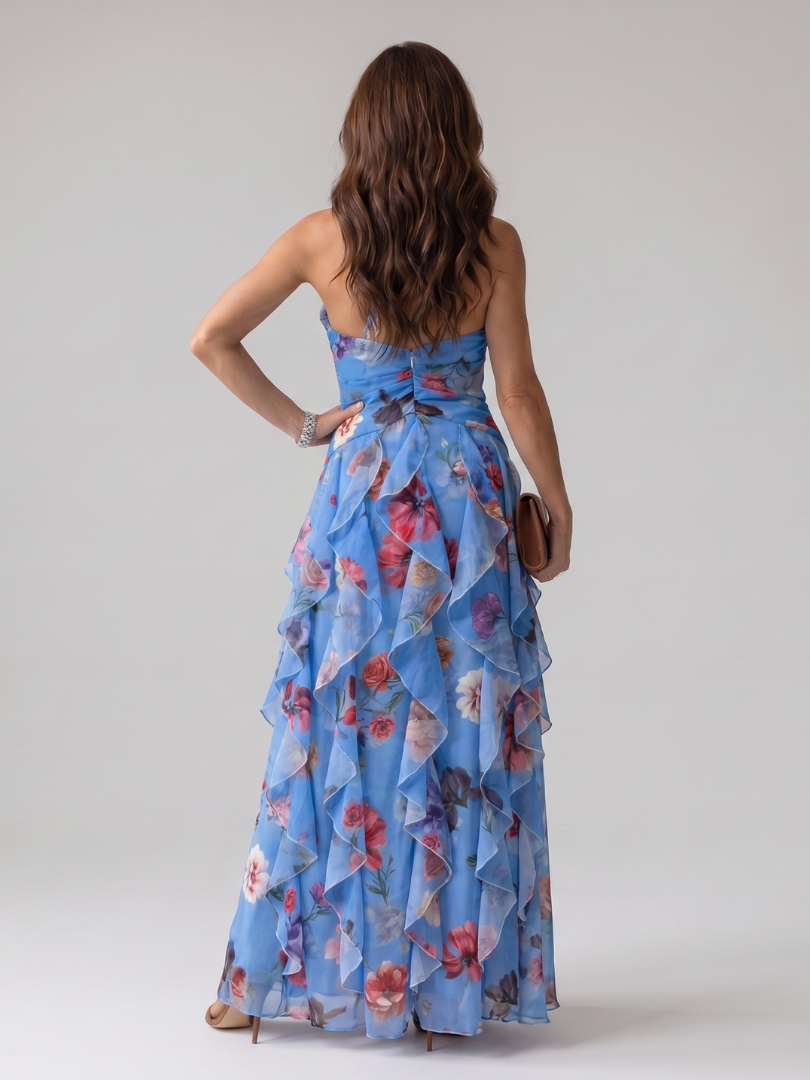 Nori | Sleeveless Floral Maxi Dress with Americana Neckline and Ruched Bodice