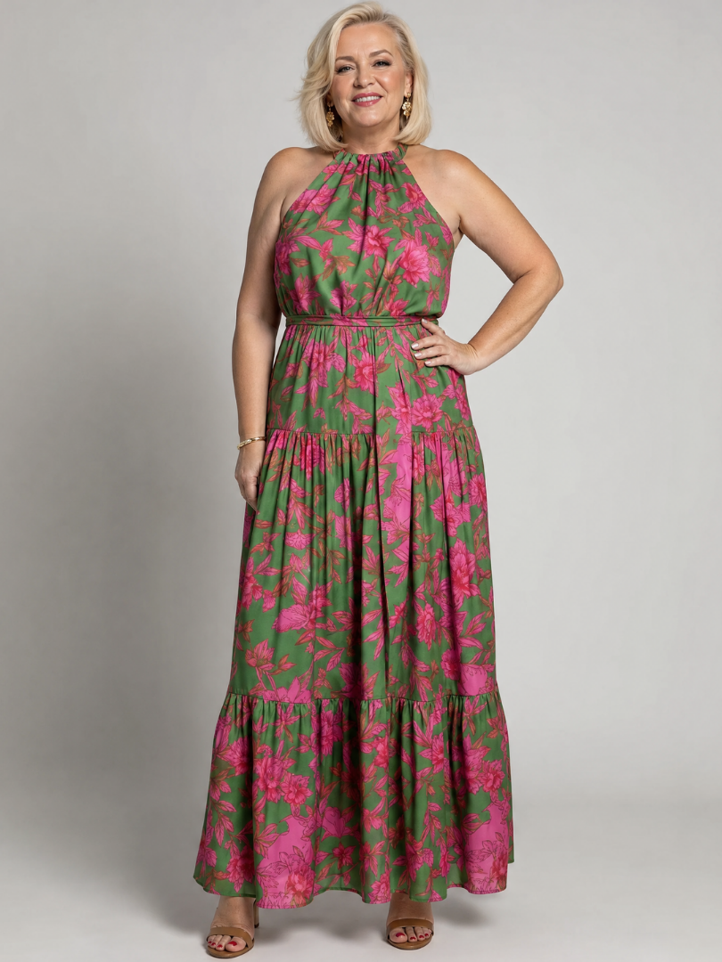 Rowen | Halter Neck Midi Dress with Draped Design