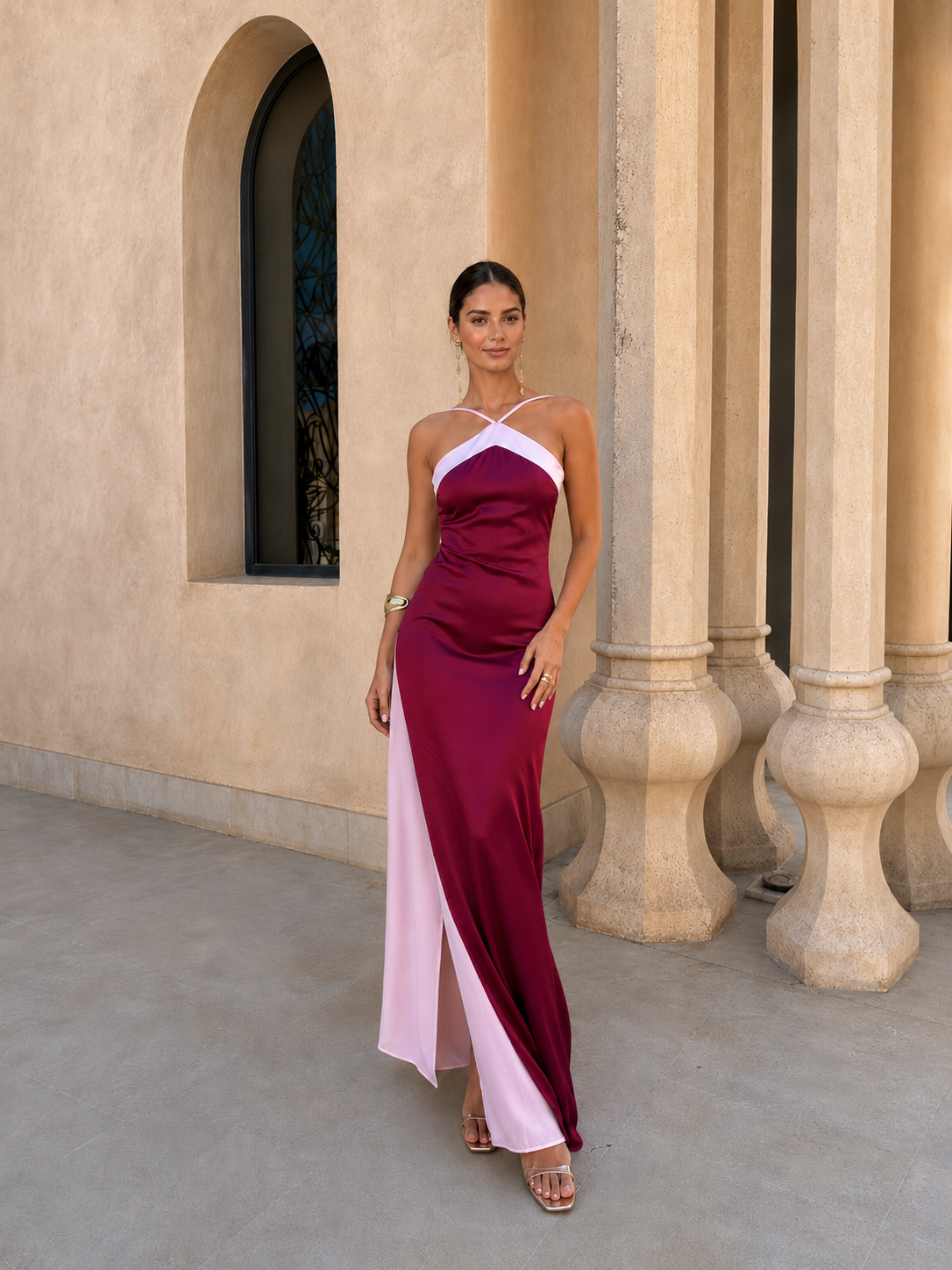 Crossed Neckline Satin Maxi Dress