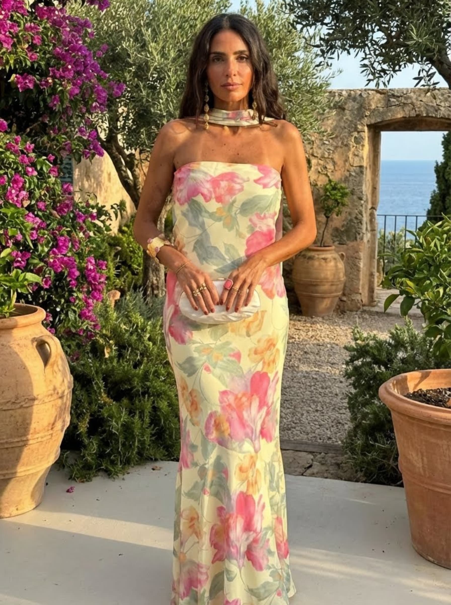 Flowy Floral Watercolor Maxi Dress with Strapless Design