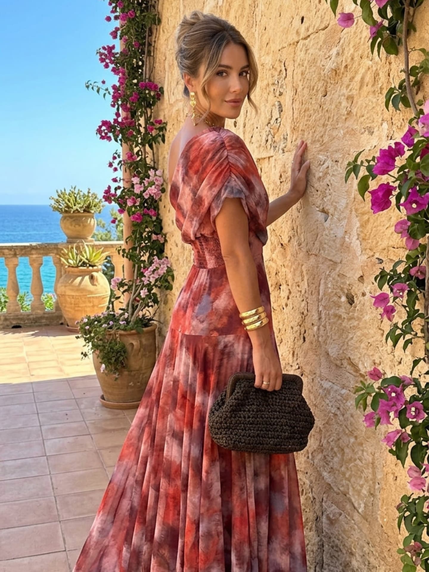 Watercolor Long Dress with Dropped Shoulders