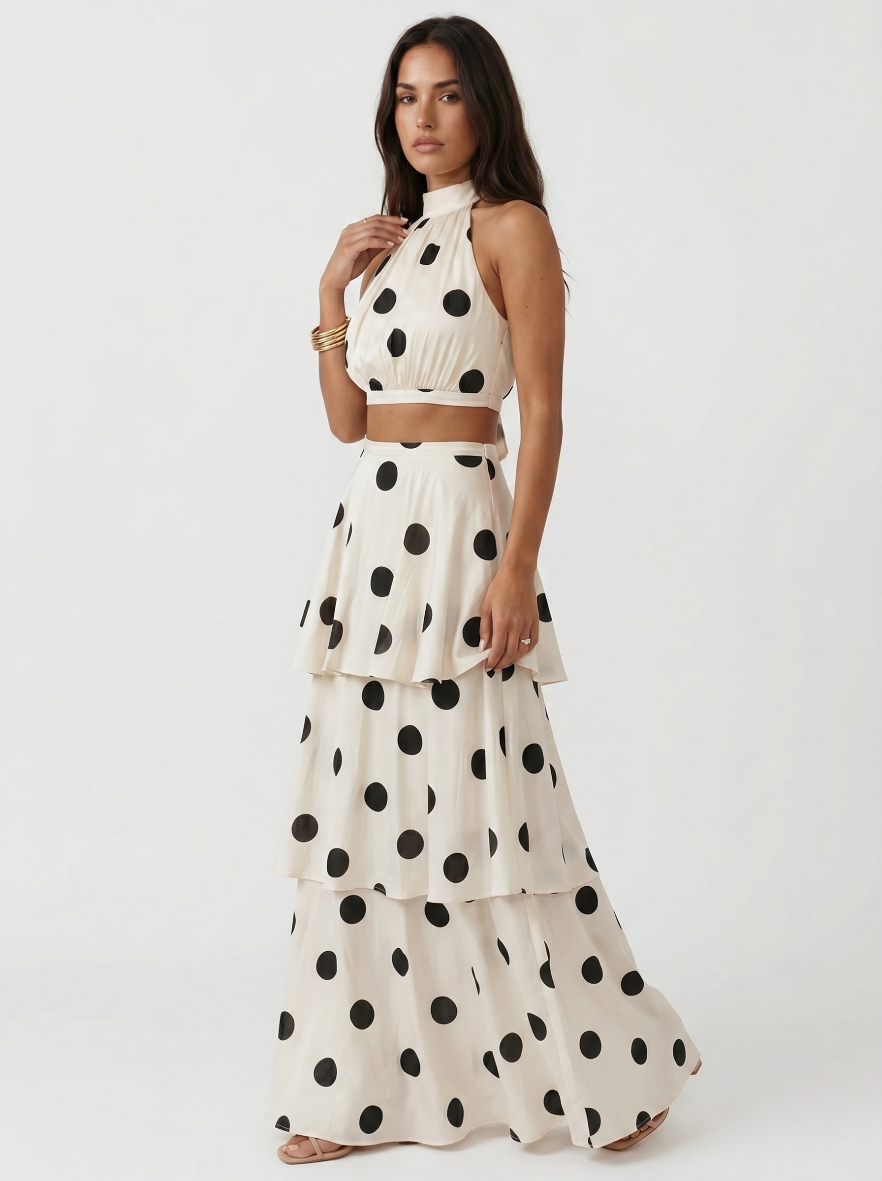 Polka Dot Blouse and Maxi Skirt Ensemble