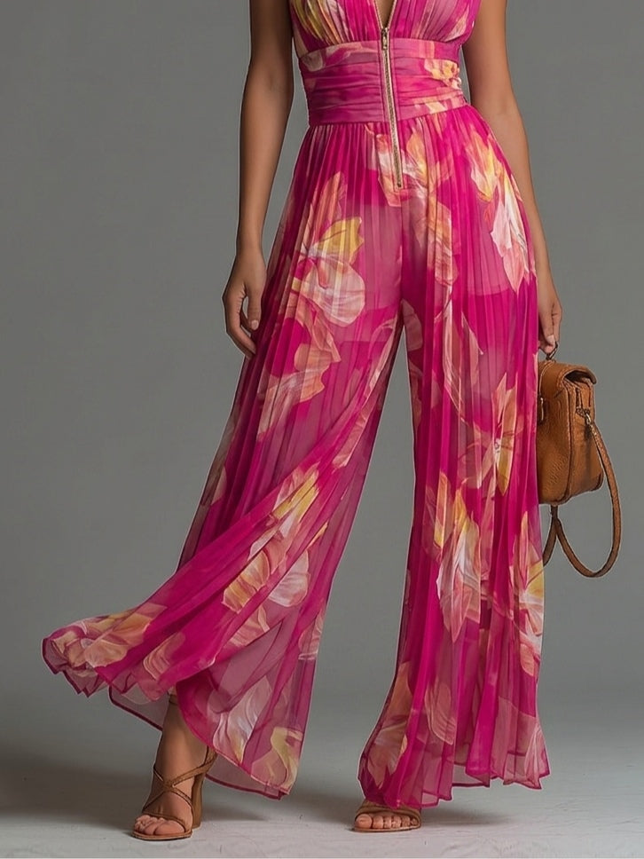 Nicole | Pleated Chiffon Jumpsuit with Fuchsia Floral Print