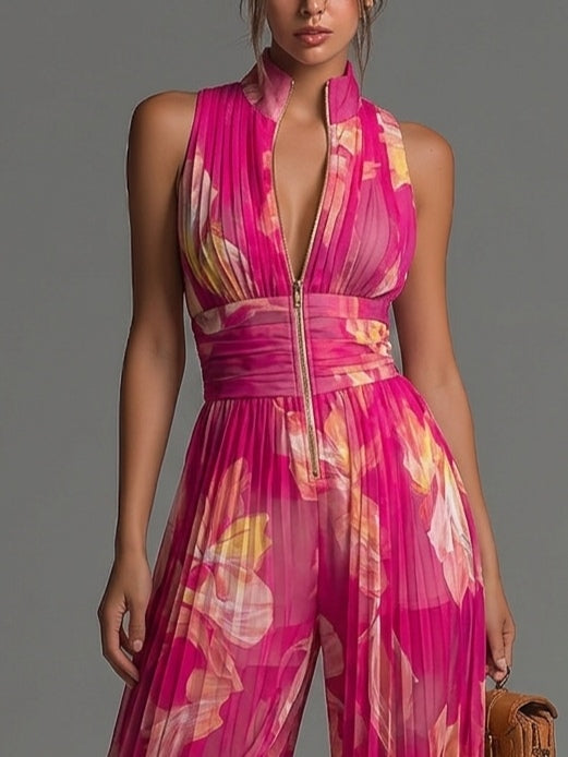 Nicole | Pleated Chiffon Jumpsuit with Fuchsia Floral Print