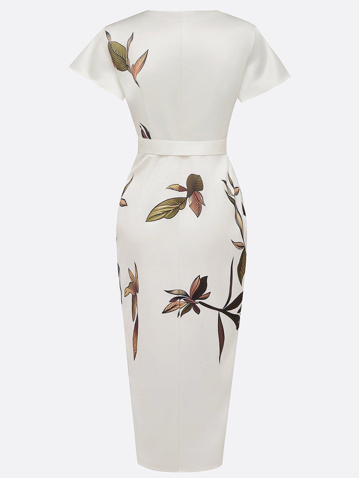 Emma | White Leaf Short Sleeve Satin Wrap Sheath Midi Dress