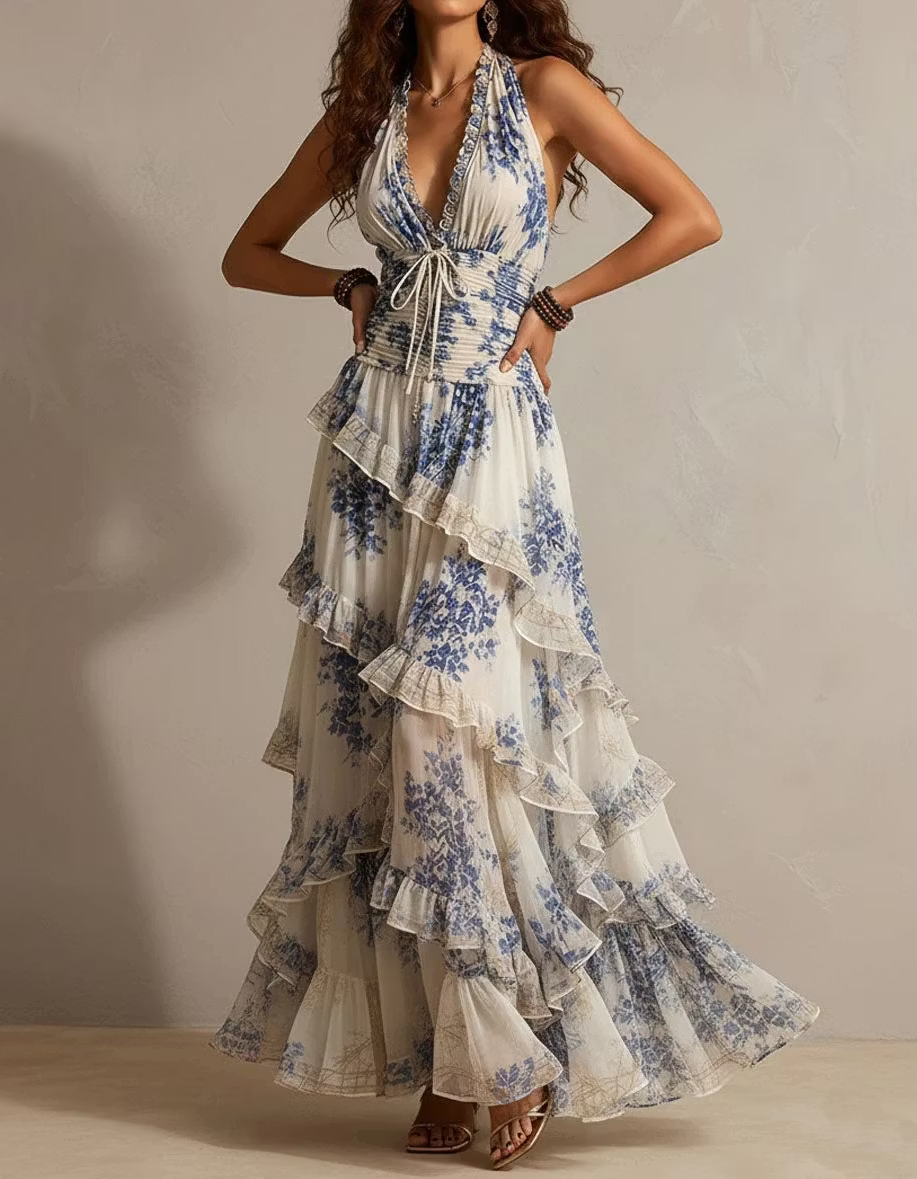 Brooklyn | Greyish Blue Floral Maxi Dress
