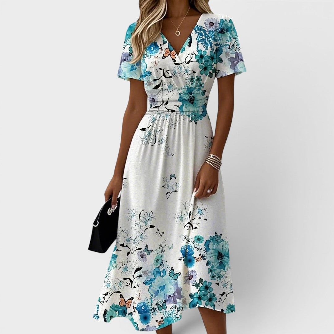 Seraphina | Midi Dress with Blue Floral Flutter Sleeves