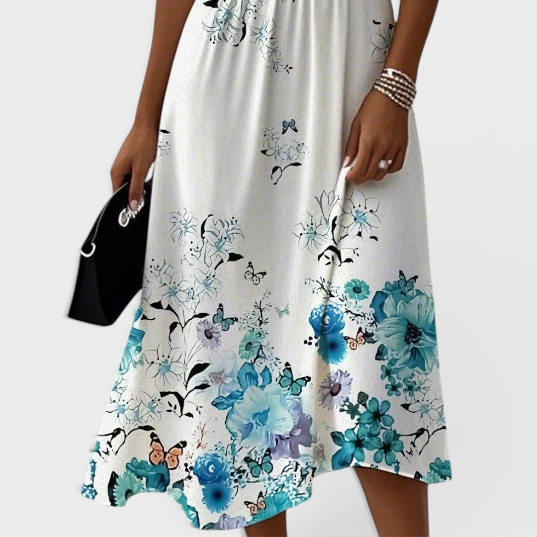 Seraphina | Midi Dress with Blue Floral Flutter Sleeves