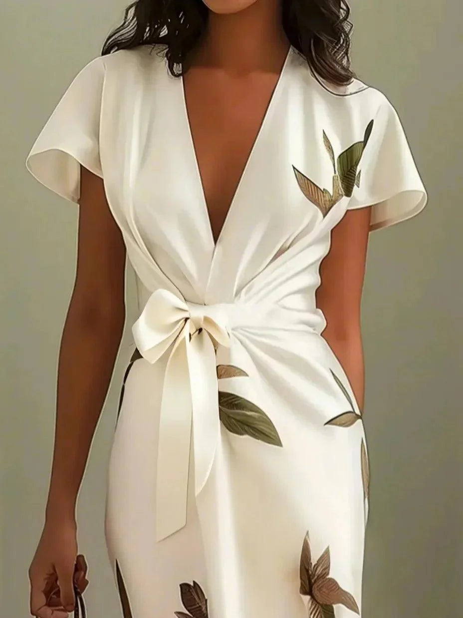Emma | White Leaf Short Sleeve Satin Wrap Sheath Midi Dress