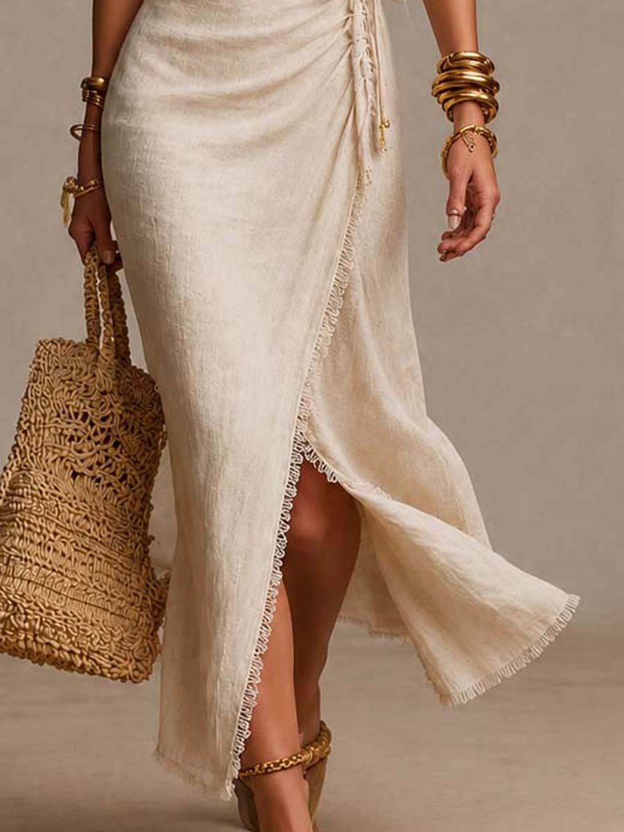 Madison | Beige faux-linen wrap maxi dress