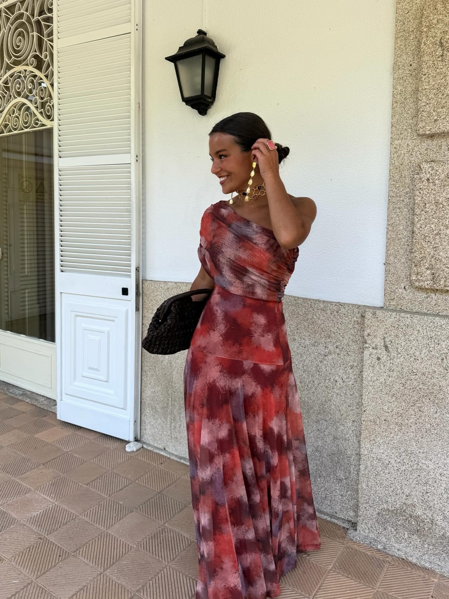 Watercolor Long Dress with Dropped Shoulders