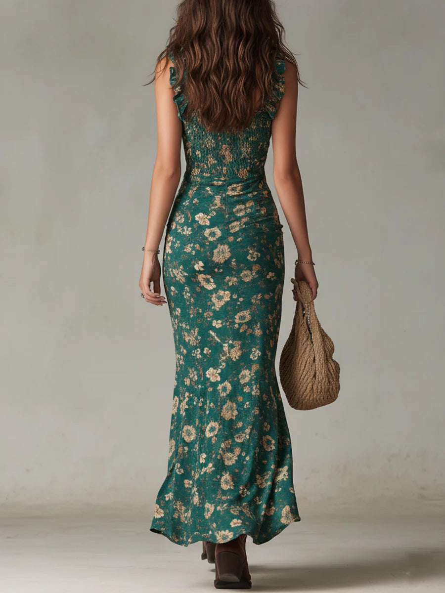 Bohemian | Green Printed Maxi Dress with Ruffled Sleeves