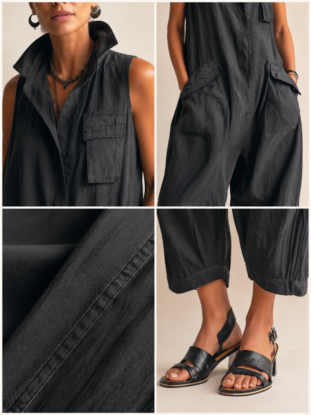 Olaya | Black Sleeveless Utility Wide-Leg Jumpsuit