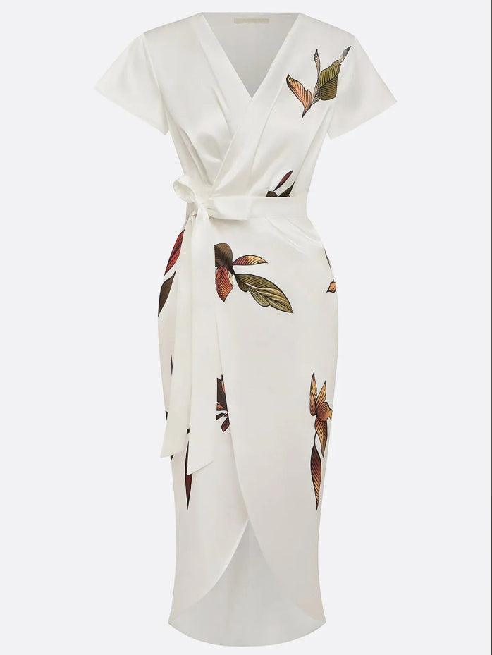 Emma | White Leaf Short Sleeve Satin Wrap Sheath Midi Dress