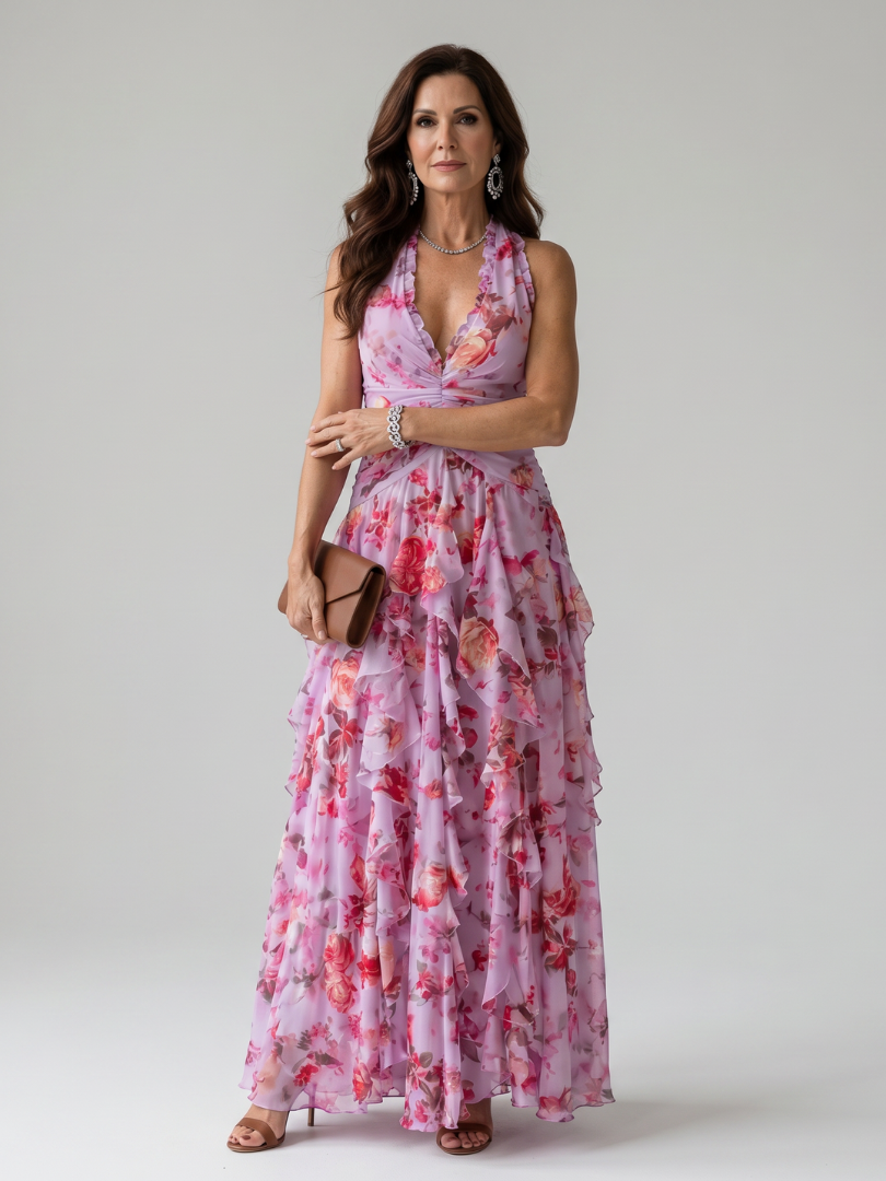 Nori | Sleeveless Floral Maxi Dress with Americana Neckline and Ruched Bodice