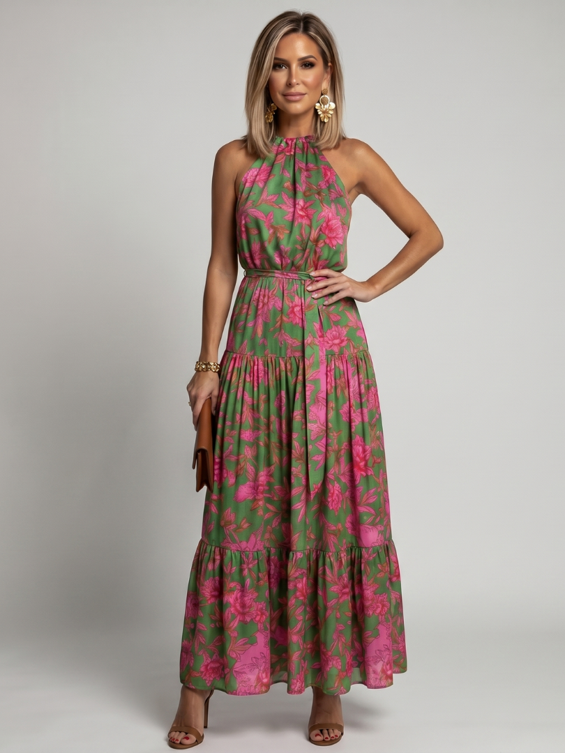 Rowen | Halter Neck Midi Dress with Draped Design