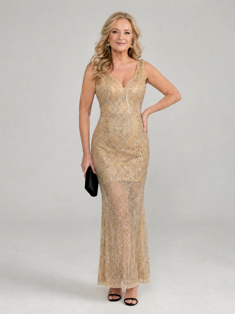Sirea | Sleeveless Midi Dress Featuring Sheer Panels and Sequin Details