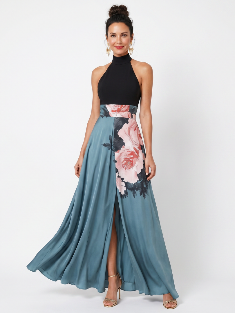 Olympas | Floral Maxi Dress with Halter Neckline