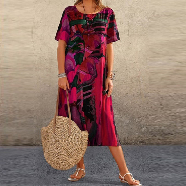Emmanuelle | Women's Short Sleeve Midi Dress with Mid-Calf Length