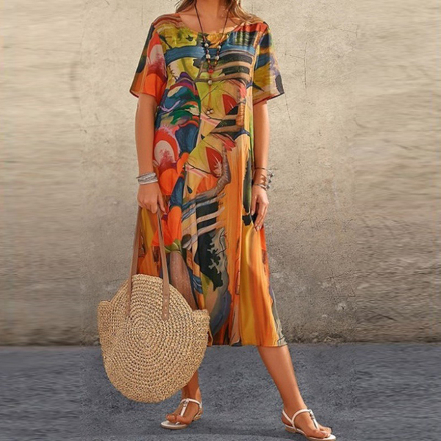 Emmanuelle | Women's Short Sleeve Midi Dress with Mid-Calf Length