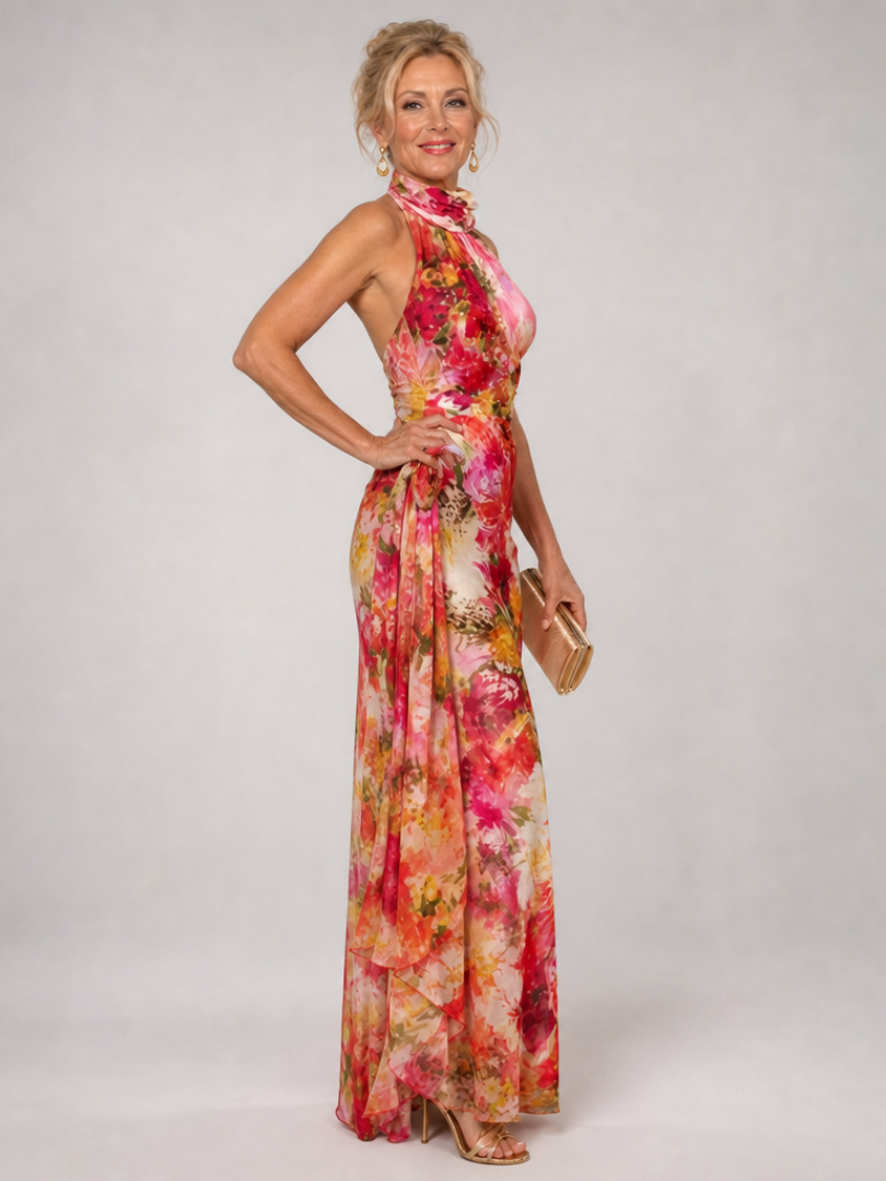 Elisabetta | Floral Print Maxi Dress with Halter Neck Design