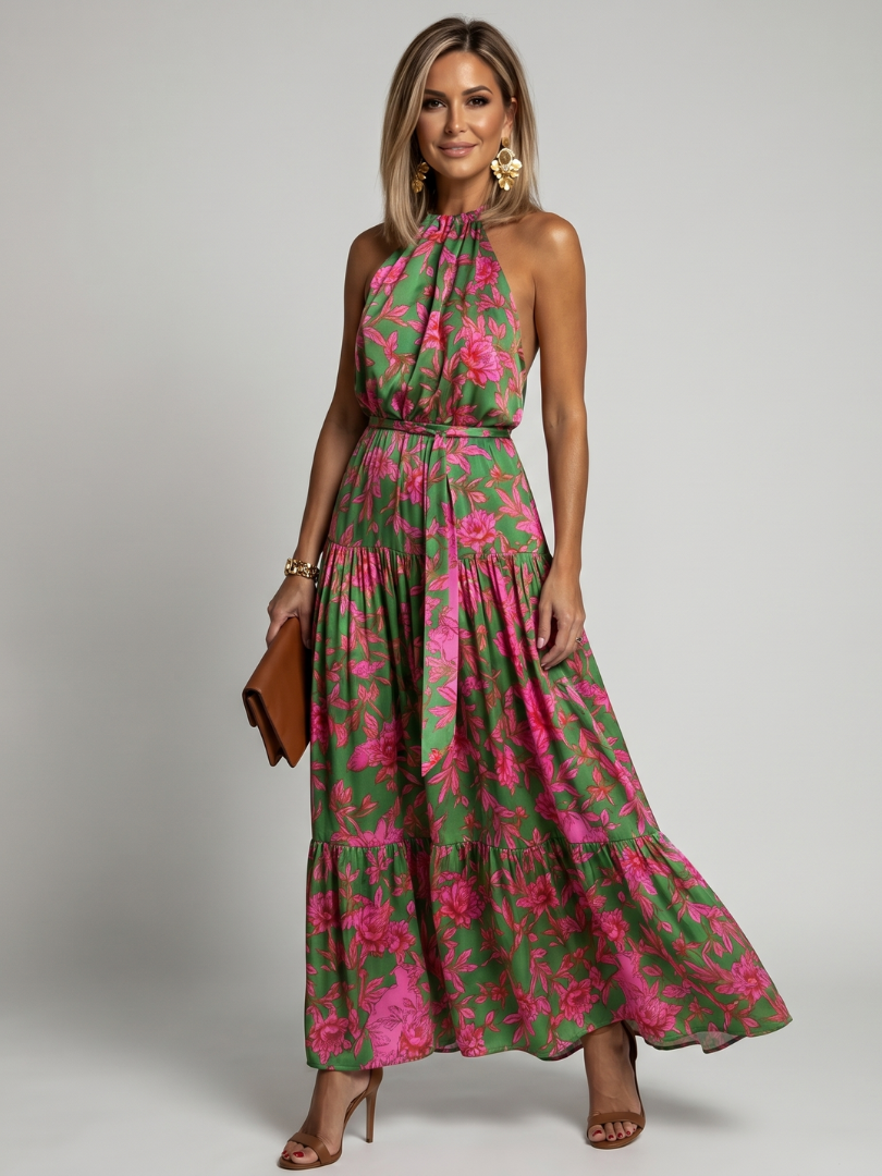 Rowen | Halter Neck Midi Dress with Draped Design
