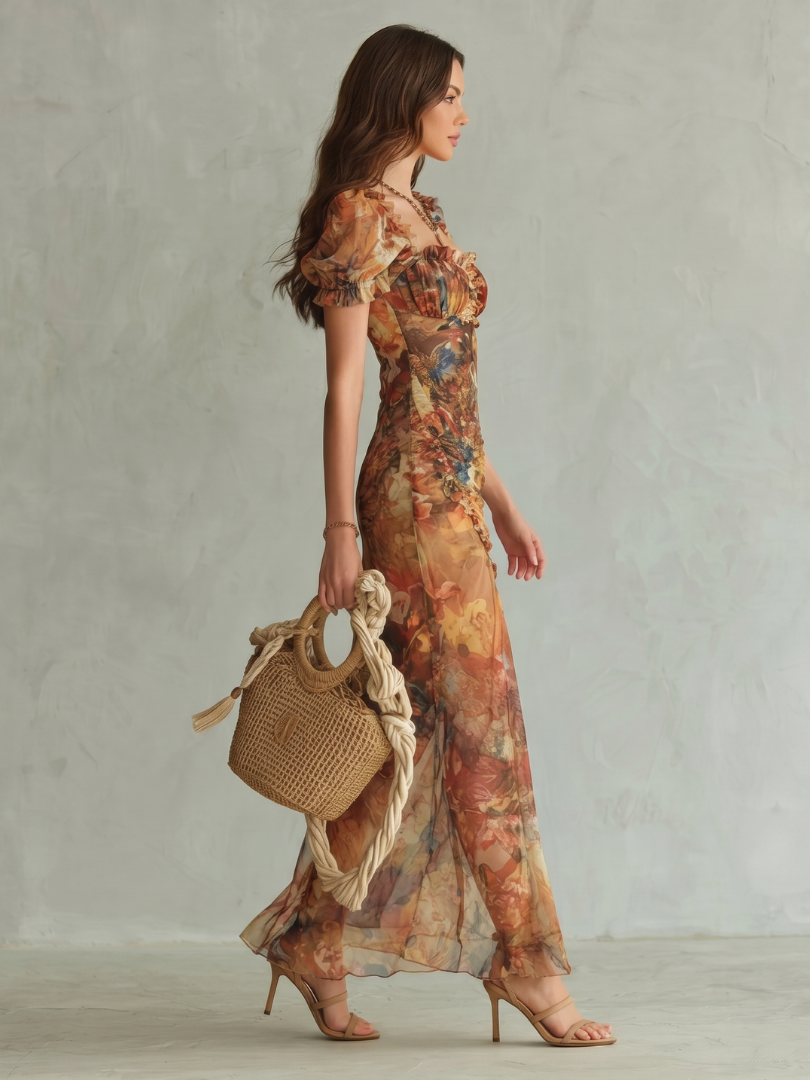 Sky Midi Dress with Ruffled Sleeves and Side Slit