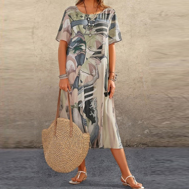 Emmanuelle | Women's Short Sleeve Midi Dress with Mid-Calf Length