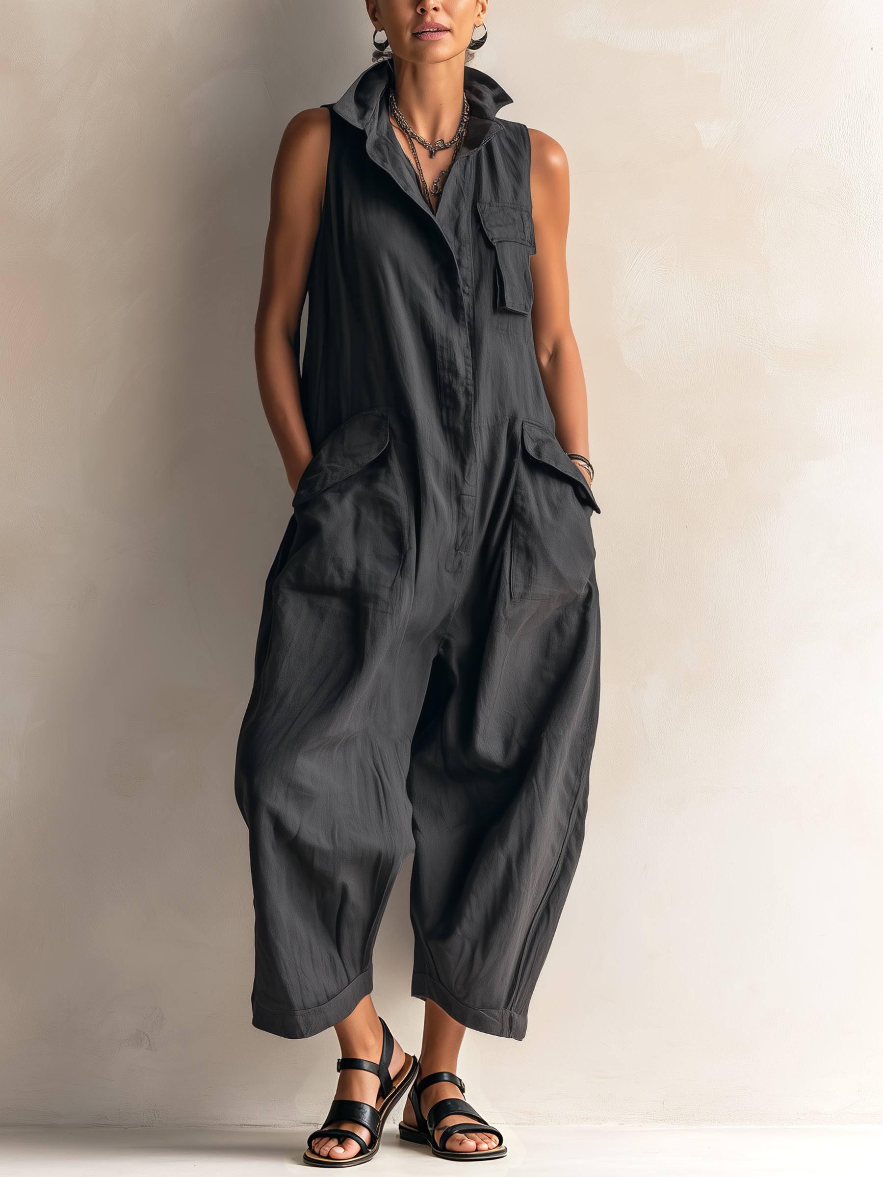 Olaya | Black Sleeveless Utility Wide-Leg Jumpsuit