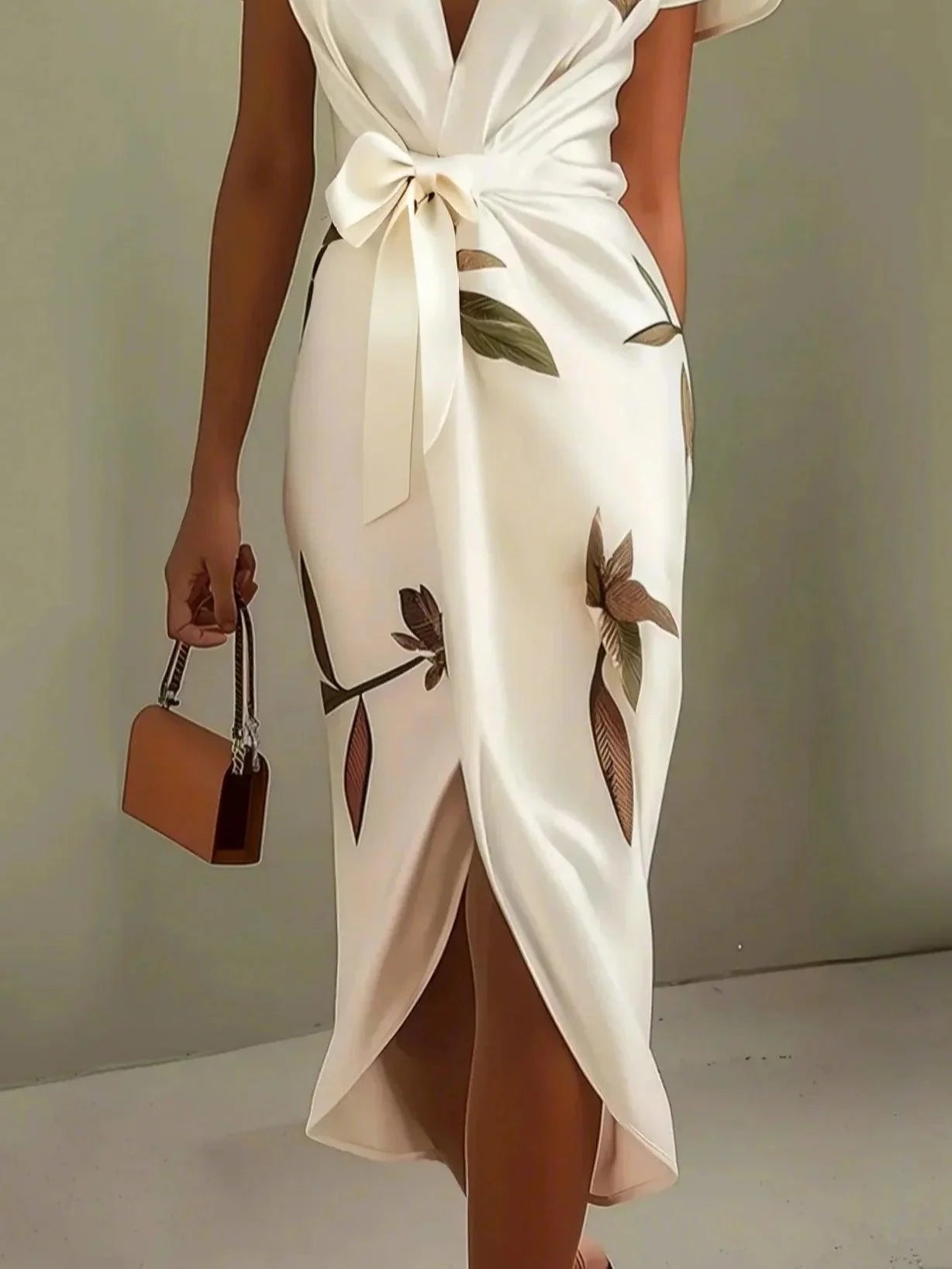Emma | White Leaf Short Sleeve Satin Wrap Sheath Midi Dress