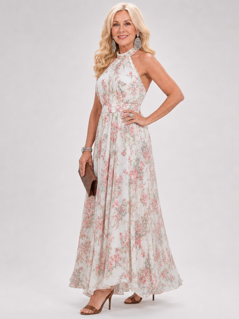 Guinevere | Floral Print Midi Dress with Flowing Skirt