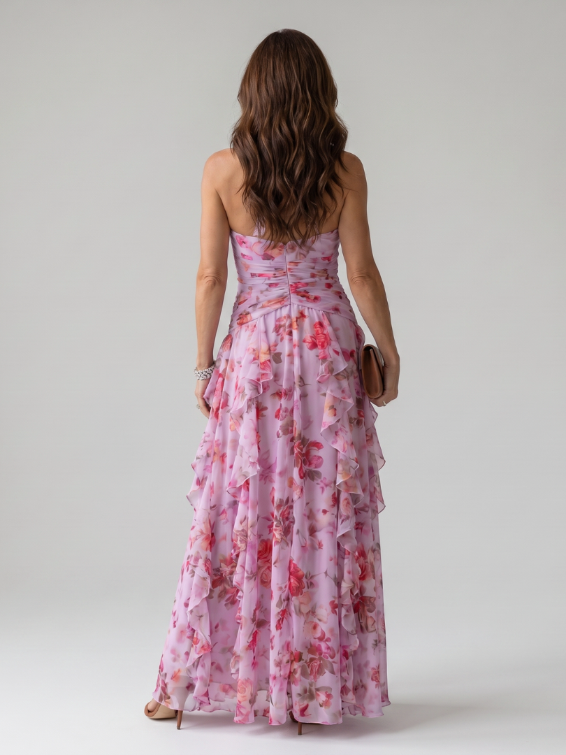Nori | Sleeveless Floral Maxi Dress with Americana Neckline and Ruched Bodice