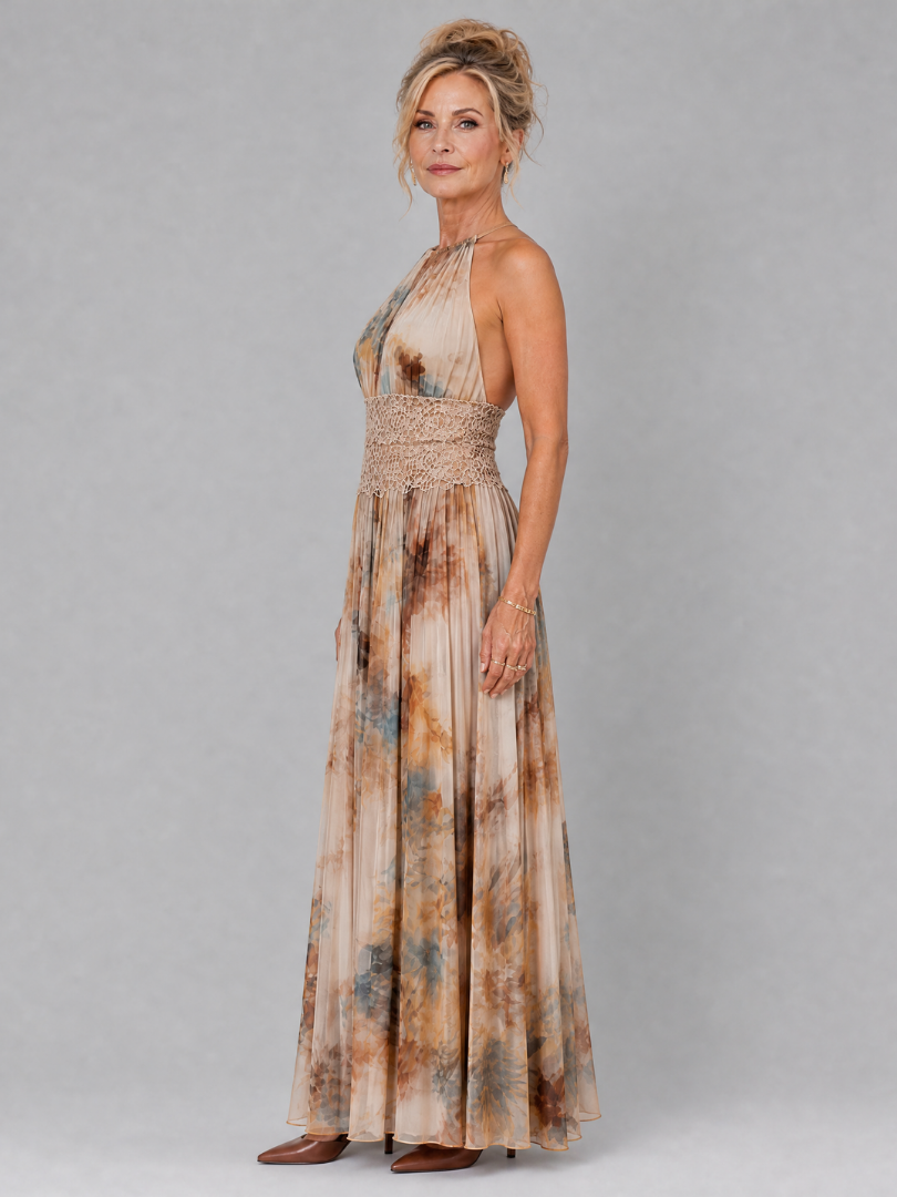 Elavenue | Halter Neck Maxi Dress with Lace Waist Detail