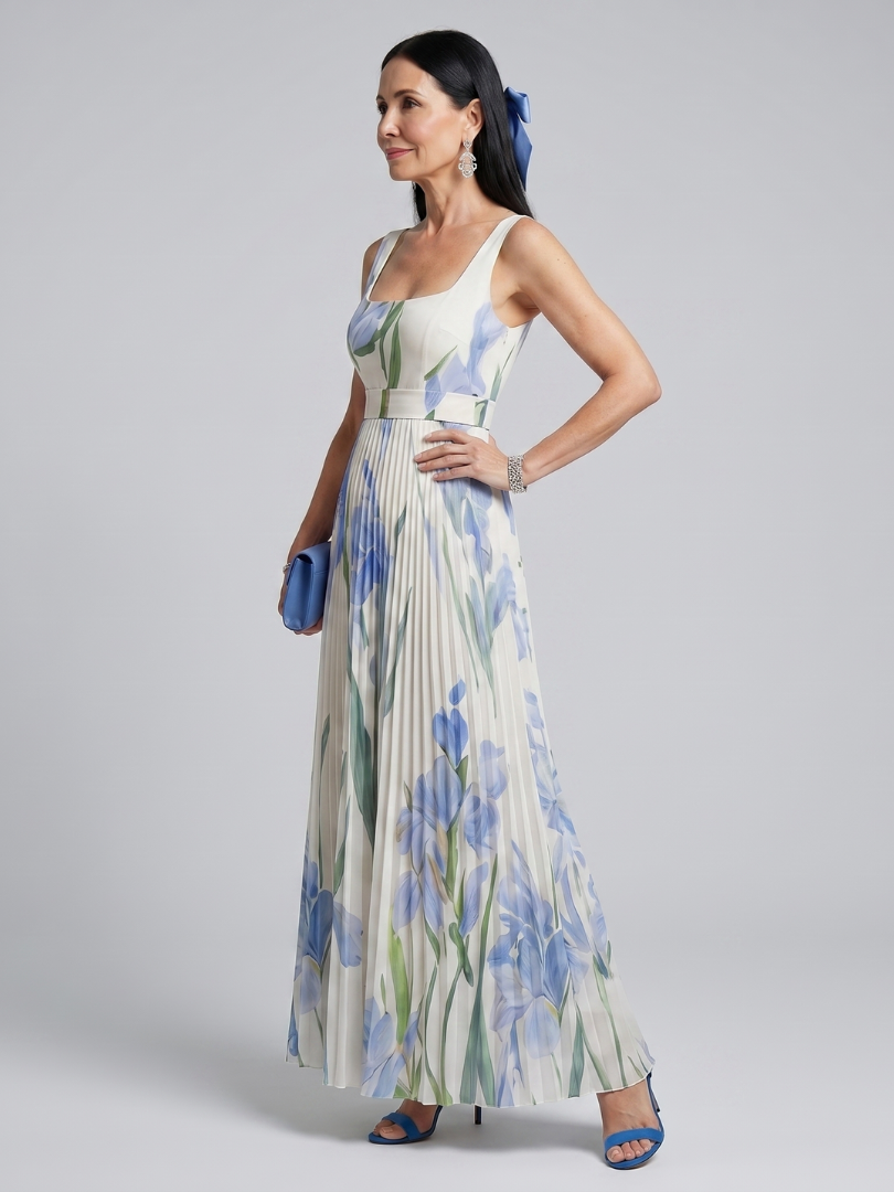 Ophelia | Floral Print Sleeveless Midi Dress with Square Neckline